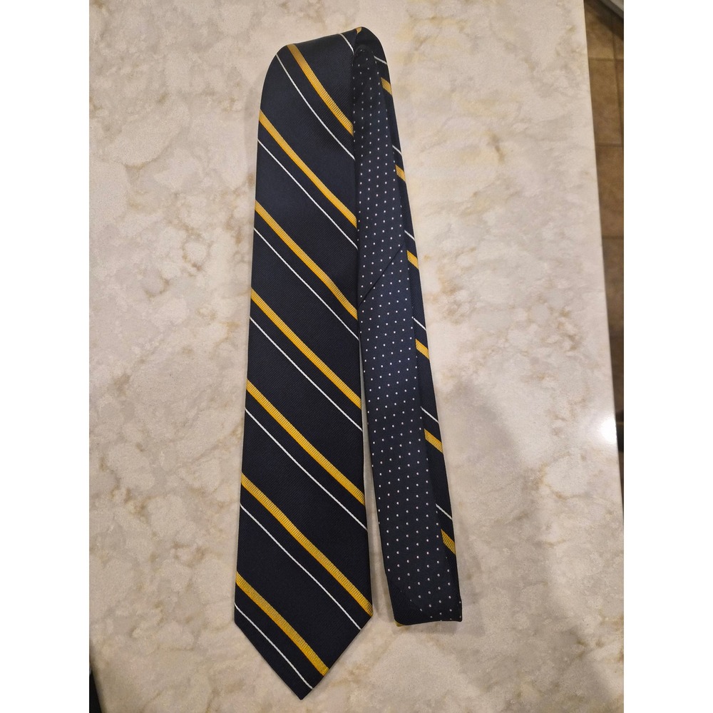 Tommy Hilfiger Mens Silk Tie Navy Blue Yellow White Striped Polka Dot USA Made